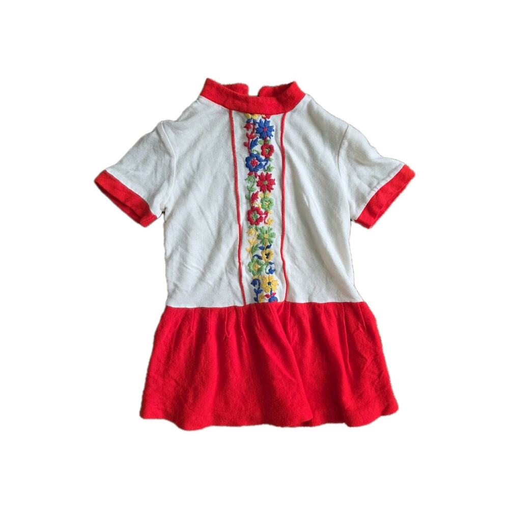 Vintage Embroidered Floral Peasant Dress Girls 4 Red Cottagecore Amish Boho